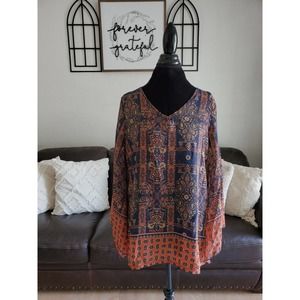 Wrangler Bohemian Multi Color Long Flared Sleeve Blouse Women's Size L Country
